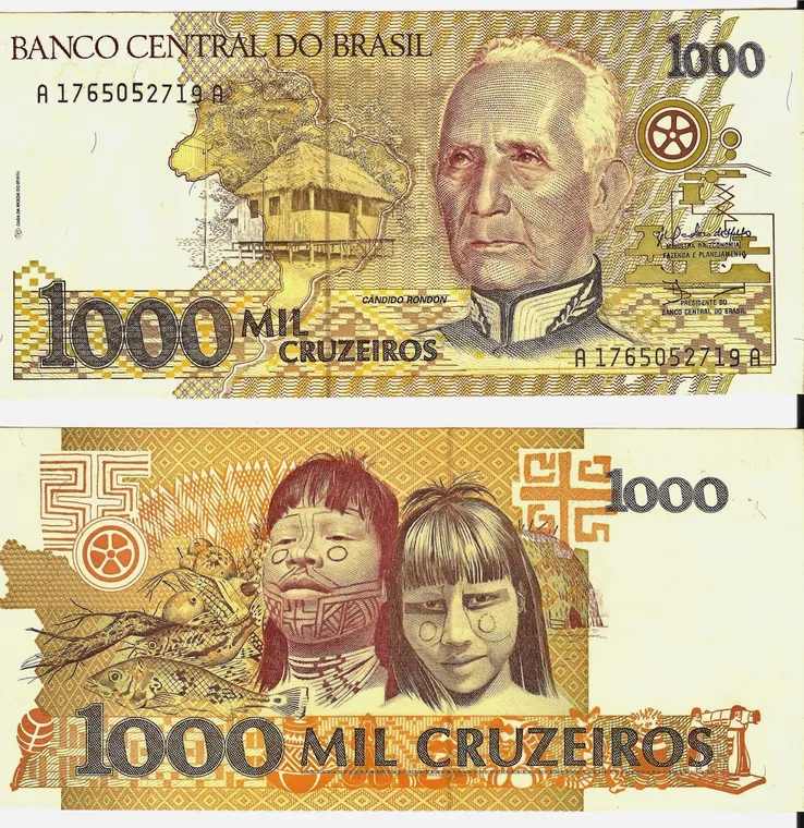 Cédula de mil cruzeiros de 1990 com a efígie do marechal Rondon